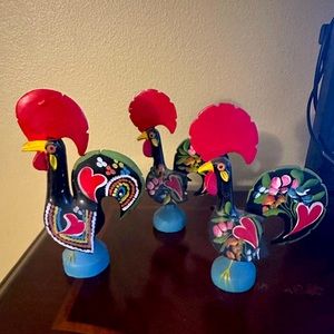 Three Portuguese Folk Art Ceramic Hand Painted Good Luck 8" Rooster Figurine